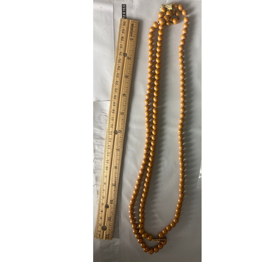 Vintage Cognac Brown Round Faux Pearl Beaded Strand Necklace Gold Tone Clasp 30"